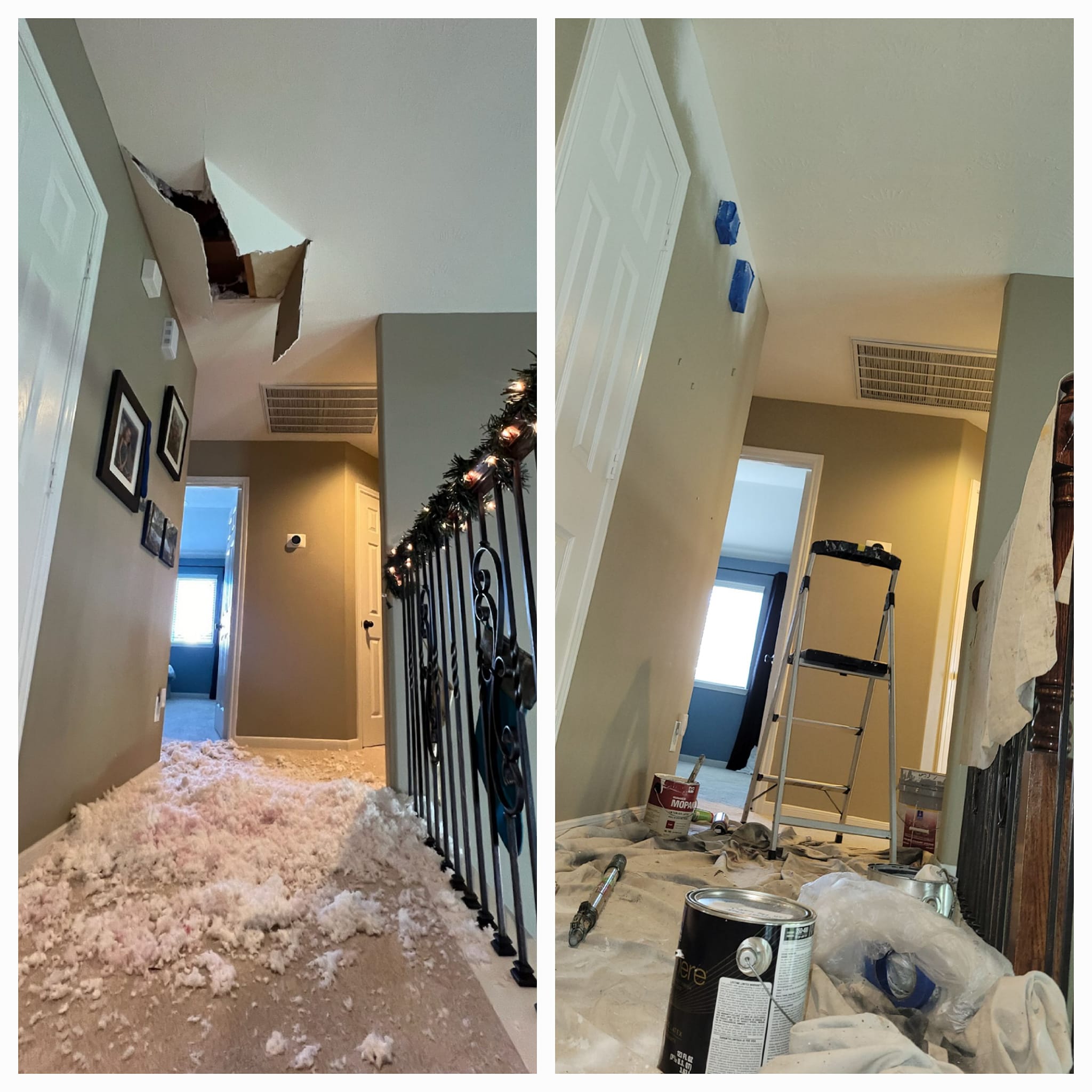 Ceiling water damage repair - before and after